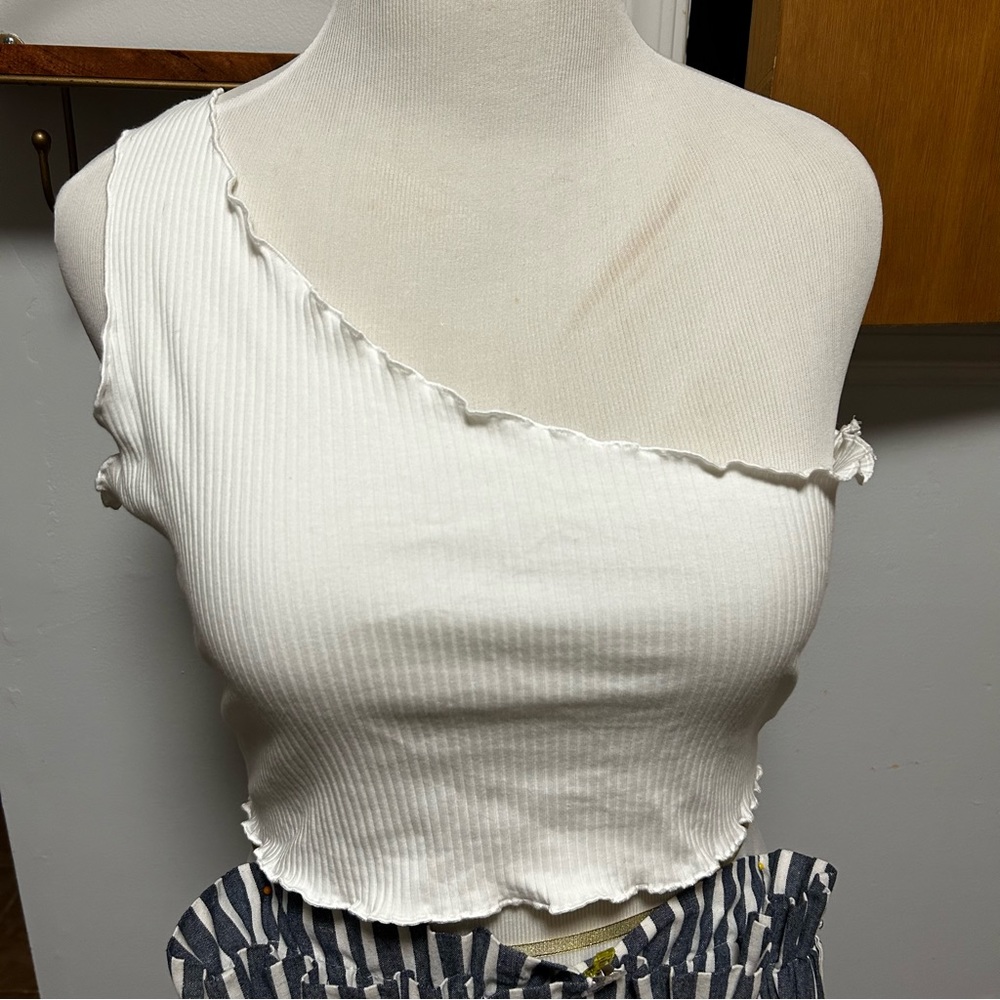 Two-Piece White Off Shoulder Top and Striped Shorts